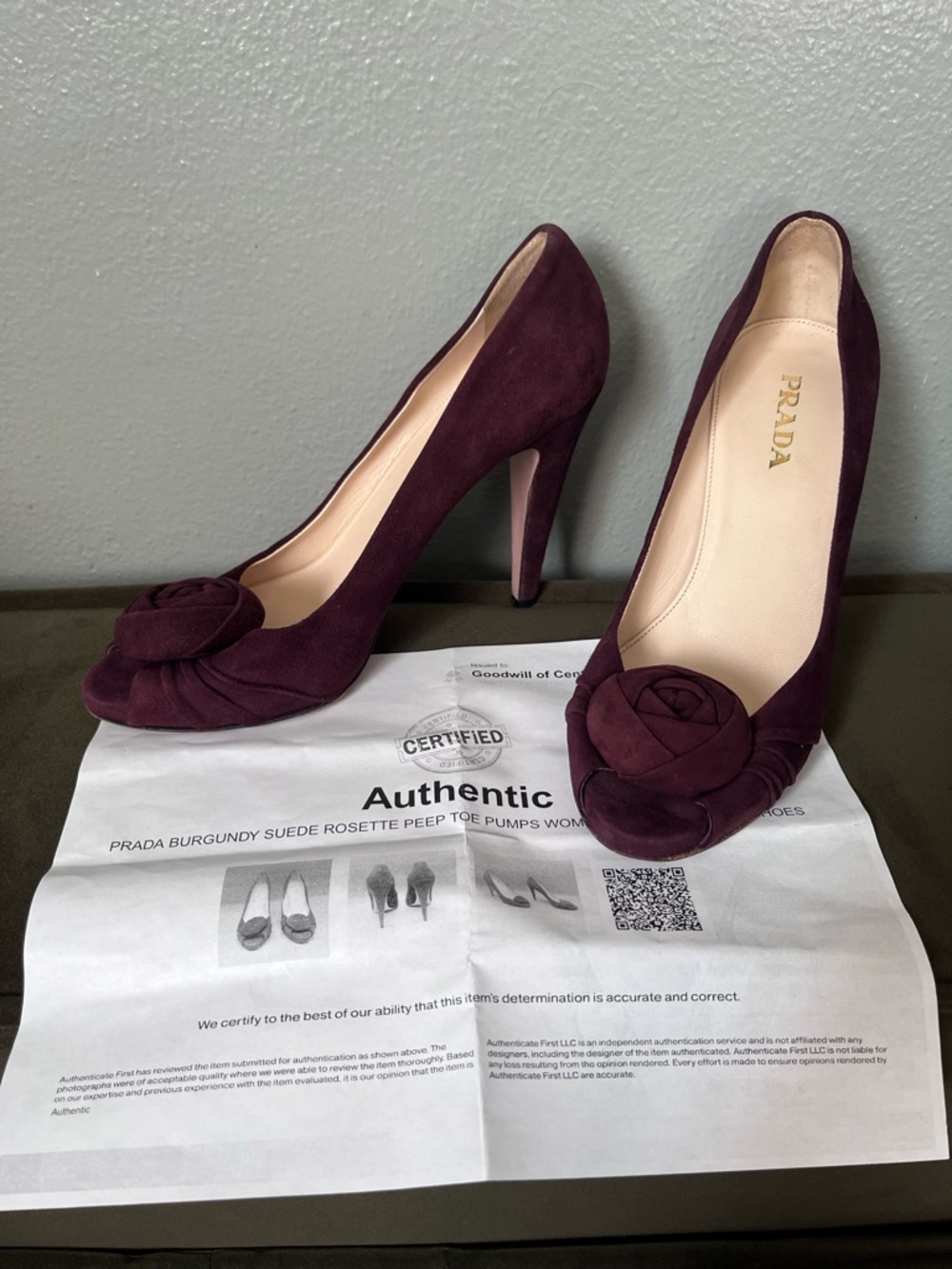 Prada Burgundy Suede Rosette Peep Toe Pumps